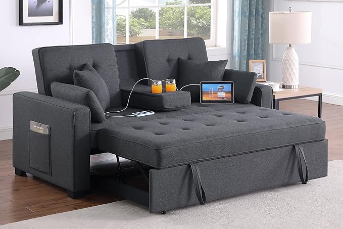 ERYE 70-Inch Loveseat Sleeper Pull Out Sleeper Couch Bed and Drop-Down Cupholders, 3 in 1 Convertible Sleeper Sofa Bed Oversized Tufted Lounge Daybed with Reclining Backrest | Cup Holder, USB-C Charging Ports