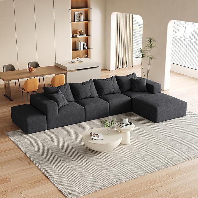 KEIKI 132" Boneless Sofa with Ottoman, L Shaped Corner Couch, Upholstered Corduroy Free Combination Sectional Couch for Living Room, Bedroom, Black
