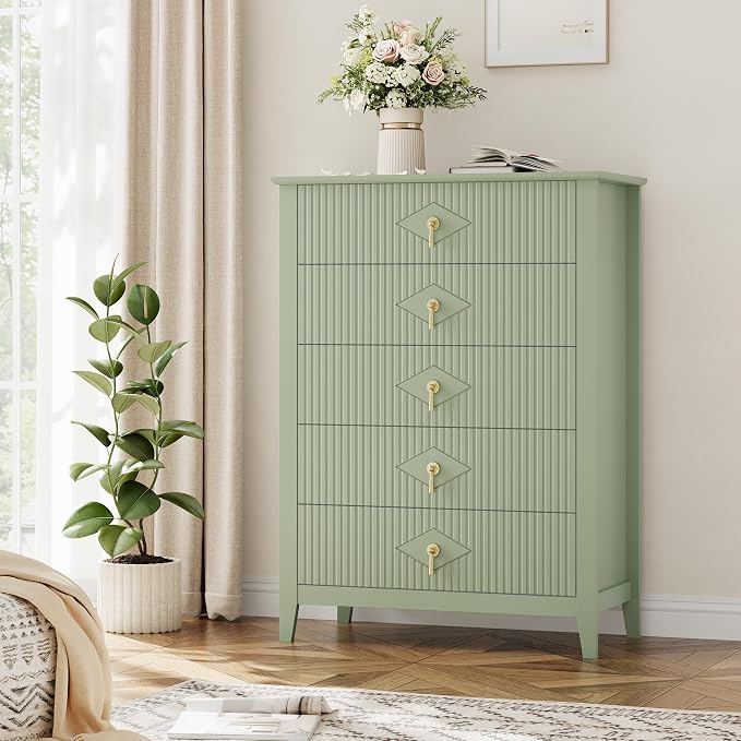 GarveeHome Fluted Dresser for Bedroom, 42.9" Tall 5-Drawer Wood Dresser, Modern Chest of Drawers, Storage Organizer Cabinet for Living Room, Hallway, Entryway, Green - Image 8