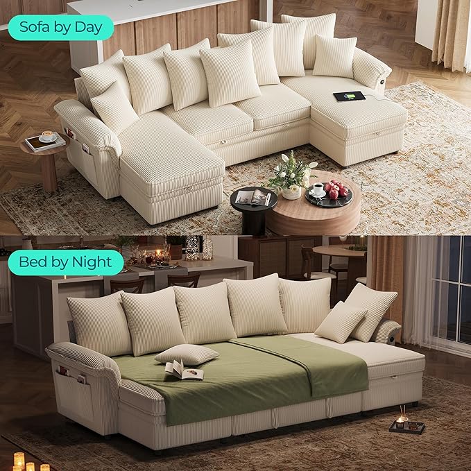 LINSY HOME Oversized Sectional Sleeper Sofa with Pull Out Couch Bed (Beige, 118.5'') | USB Charging, Pillow-style Armrest, Multiple Cushions, Storage Chaise, Corduroy Fabric