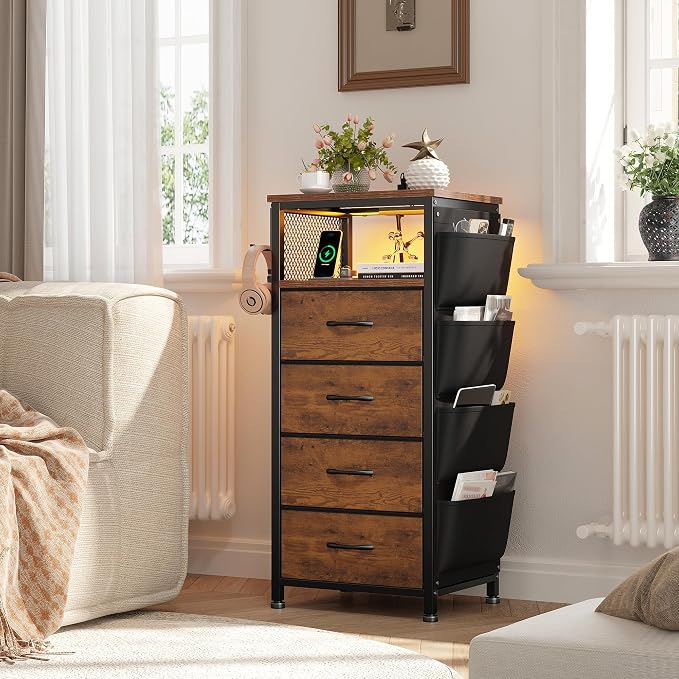 EnHomee Nightstand Set of 2, Night Stand with Charging Station & LED, Bedside Table with Fabric Drawers and Storage Shelf, Sturdy Steel Frame, Wood Top, Cloth Bags, Hooks, Brown - Image 7