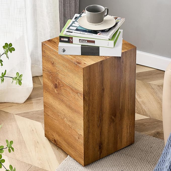 Cube End Table Wood Grain, Modern Side Table for Living Room, Contemporary Nightstand