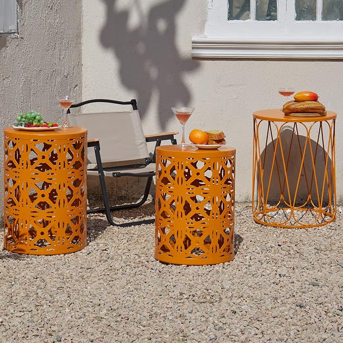 Y&M Metal Round Table, Coffee Table End Patio Table for Indoor Outdoor Multifunctional Use, Heavy Duty Metal Plant Stand Decorative Garden Stool Set of 3 - Orange - Image 2