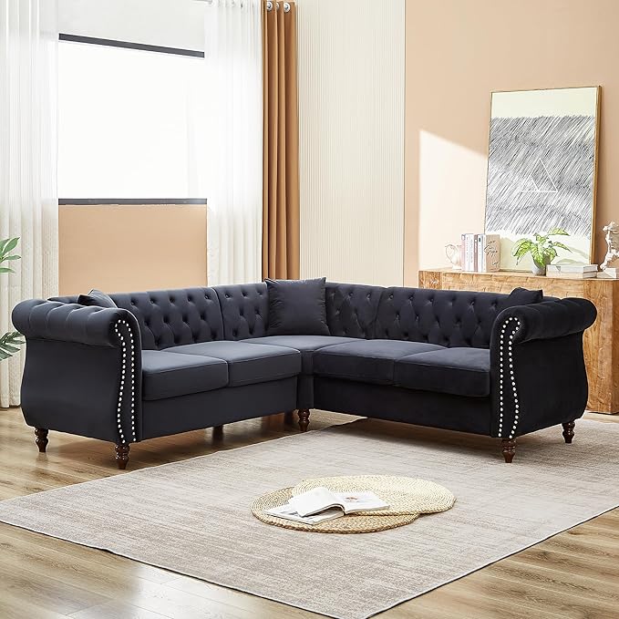 KEIKI 83.5" Chesterfield Corner Sofa, Upholstered L-Shaped Velvet Couch with Rolled Arm, 5 Seater Corner Sofas for Living Room Bedroom Office Apartment, Black