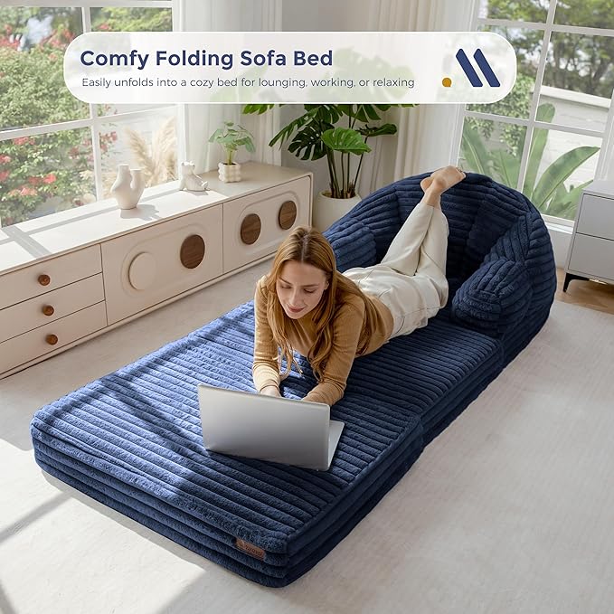 MAXYOYO Folding Sofa Bed, 2 in 1 Convertible Sofa to Lounger Comfy Faux Fur Bean Bag Chair for Adults, Floor Single Sleeper Couch Chair with Handle, Couch Bed for Living Room Bedroom, Navy