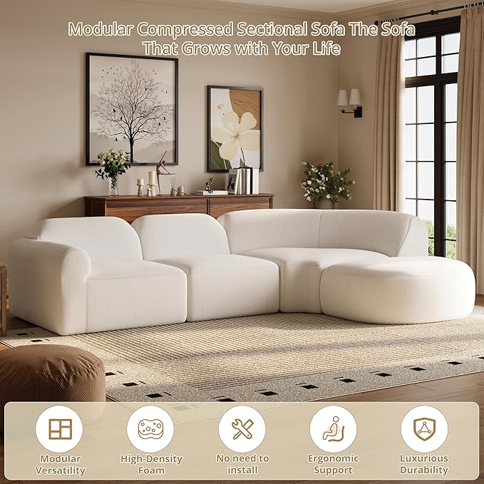 Merax Modern Curved Sectional Sofa with Ottoman, Couch 4-Piece Set High-Density Compressed Sponge, Fully Assembled, Right Hand Facing, Plush Deep Seat for Living Room, Lounge, Apartment, Beige