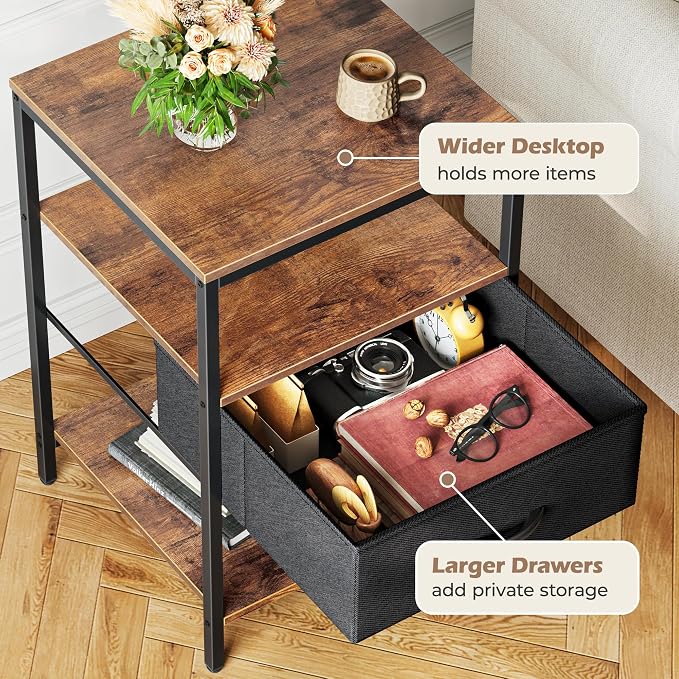 SUPERJARE Night Stand with Charger Station, 27.7 Inch Tall Nightstand with Adjustable Fabric Drawer, Bed Side Table, Fabric Drawer Dresser for Bedroom, Living Room, Rustic Brown and Black - Image 7
