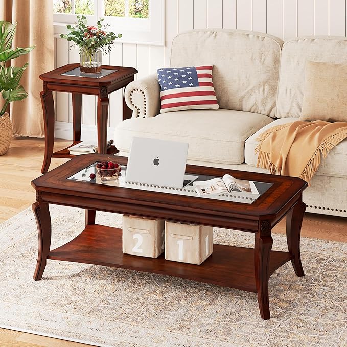 PADMA HOUSE Traditional Wood Coffee Table with Glasstop & Curved Legs, Rectangle Solid Wood Tea Table with Storage Shelf, 2-Tier Glass Center Tables in Cherry for Living Room,47.2 * 23.6 * 17.9in