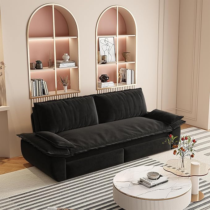 73.2" Queen Size Pull Out Sofa Bed, 3-in-1 Convertible Sleeper, Velvet Loveseat for Living Room, Apartment, Bedroom Small Spaces, Black (Mattress & Bedding Not Included)