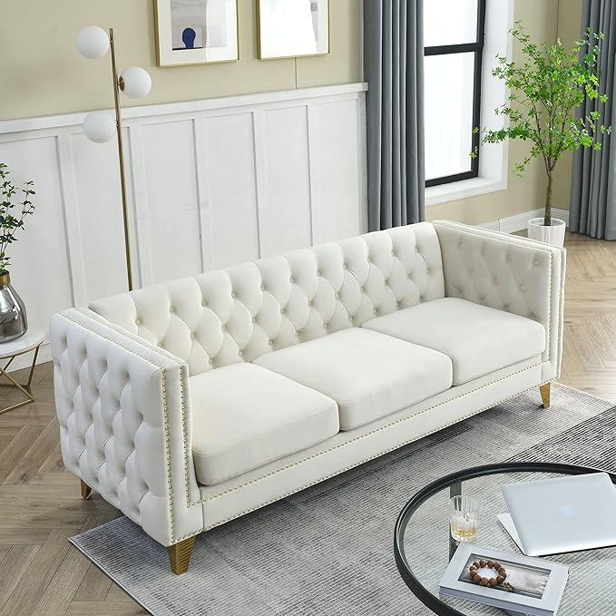 KEIKI Tufted Velvet 3 Seat Sofa Couch for Living Room, Buttons Tufted Square Arm Couch for Home Apartment, Beige