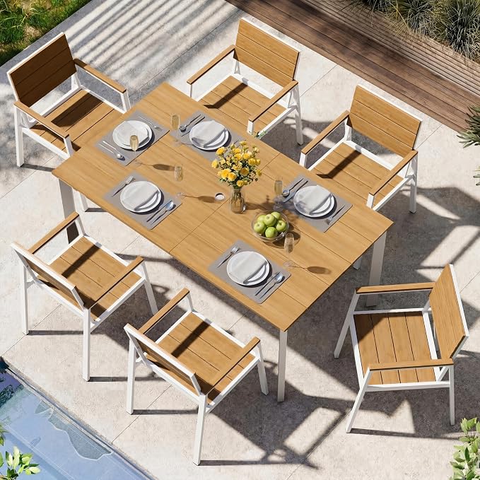 Outdoor Dining Set for 6, Aluminum Patio HDPS Outdooor Table and Chairs Set with Umbrella Hole, All Weather Patio Furniture Set, 7 Peice Patio Dining Table Set (White & Teak) by ComfCove