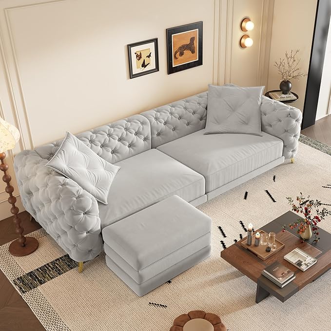 Ball & Cast 3-in-1 Convertible Sleeper Sofa with Movable Ottoman,97.7" Velvet Pull Out Sofa Bed, Modern Button Tufted 4-Seater Sofa Couch with Deep Seat for Living Room, Apartment,Office,Light Grey