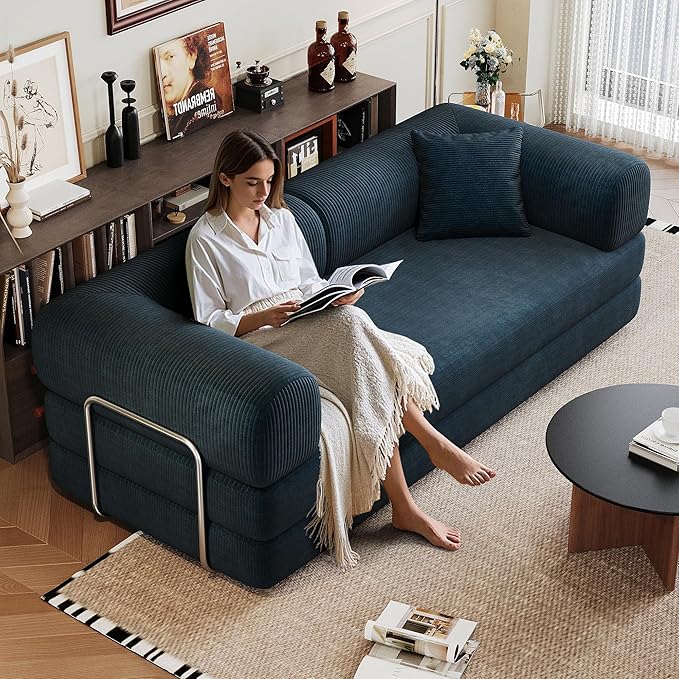 79" Convertible Sofa Bed, Corduroy Folding Pull Out Couch with Pillows, No Assembly Modern Boneless Couch Compression Sofa in Box, Floor Sofa with Support Rods for Living Room,Blue