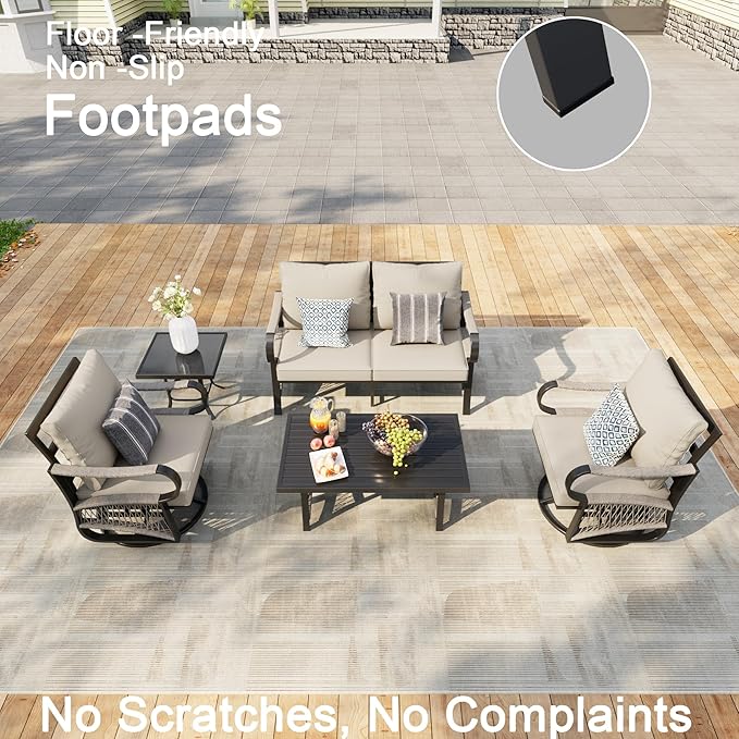 5 Pieces Outdoor Patio Conversation Sets, Outdoor Furniture Set Metal Swivel Rocking Chairs with Side Table, Loveseat Sofa with Coffee Table for Backyard Deck Porch Poolside, Beige