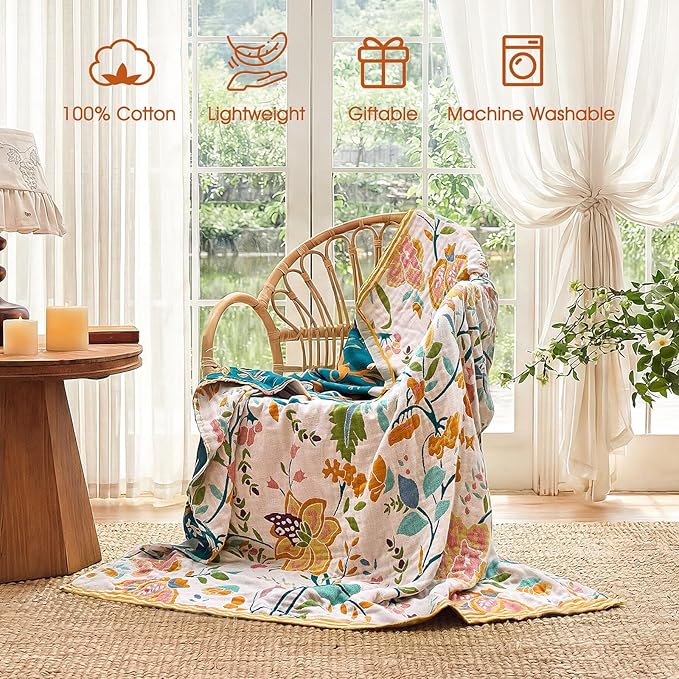Boho Throw Blanket - 90"x108" 100% Cotton Ultra Soft Lightweight Blanket, 4-Layer Breathable Muslin Spring Blankets for Bed Couch, Reversible Green Floral Printed Bohemian Cotton Quilt