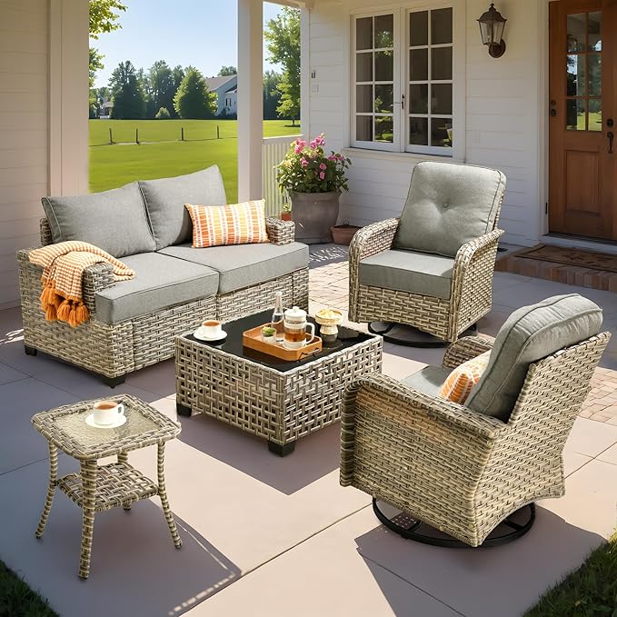 ovios 6 Piece Patio Sectional Furniture with Swivel Rocking Chairs, Rattan Wicker Coversation Set with Glowing Coffee Table, Outdoor Sofa Set for Outside Porch Balcony Backyard Pool, Dark Grey