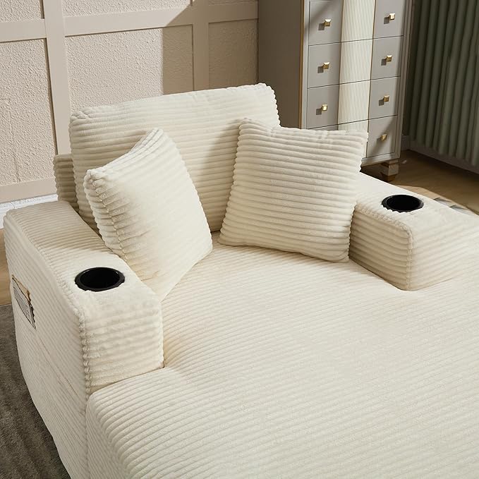 KEIKI Oversized Accent Chair with Ottoman, Chaise Lounge Chair Indoor with Cupholders, Oversized Sofa Bed, Deep Seat Sleeper Couch Reading Chairs for Living Room, Beige