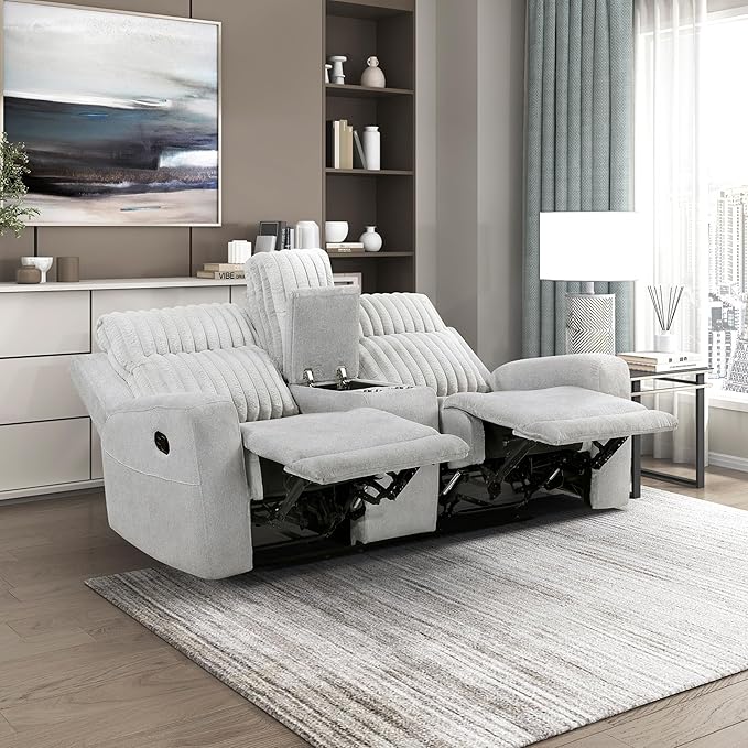 Lexicon Modern Double Recliner Loveseat with Center Console, Manual Wall Hugger Textured Microfiber Love Sac Couch, Plush Corduroy Channel Seat Back, Manual Recliner Loveseat, Light Gray