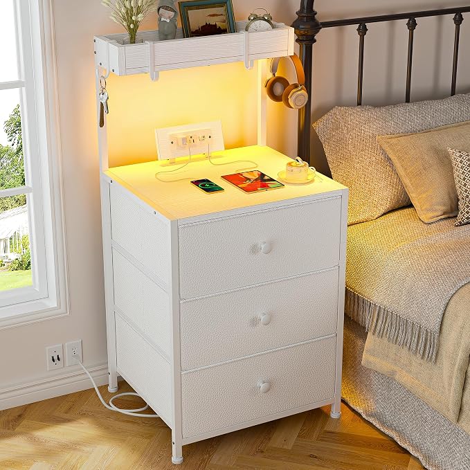 EnHomee Nightstand with Charging Station & Led, Nightstand with 3 Fabric Drawers, Bedside Table for Bedroom,Entryway, Hallway, Closet, 4 Hooks, 1 top Shelf, White - Image 8