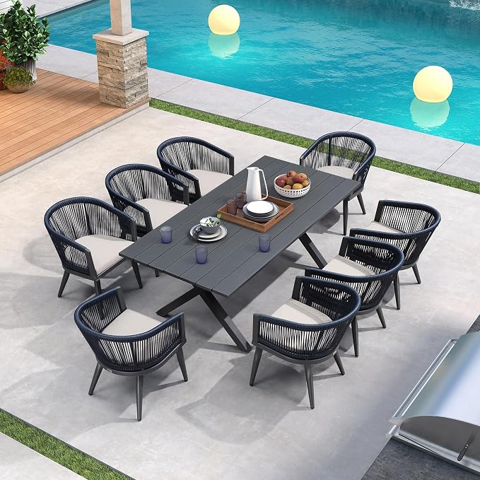 PURPLE LEAF Outdoor Dining Set with Waterproof Furniture Cover 9-Piece All-Weather Patio Set for 8 with Gray Aluminum Table Rope Weave Chairs and Cushions, Gray - Image 2