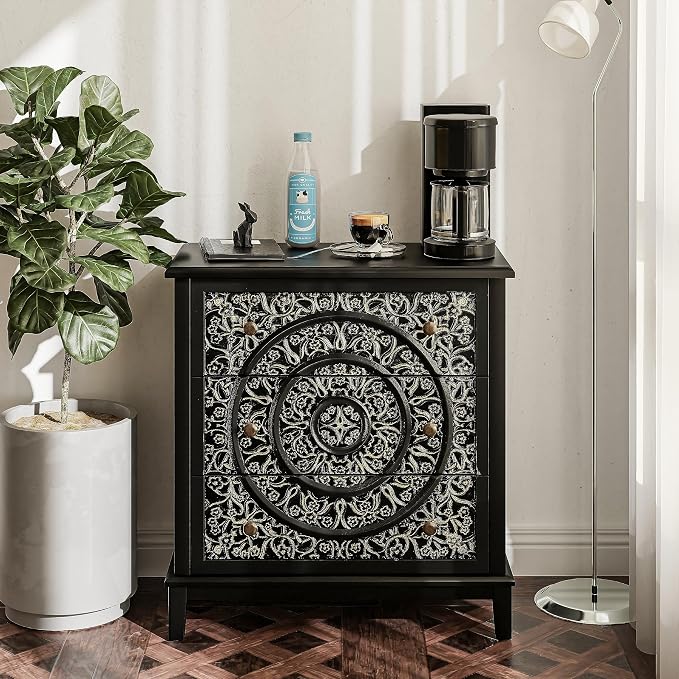 COZAYH 3-Drawer Fully-Assembled Flower Motif Dresser Set of 2 for French Country, Modern, Rustic Style, Distressed Finish, Gold & Black - Image 2