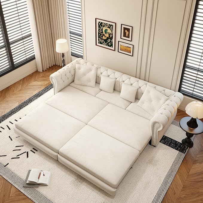 3 in 1 Oversized Chesterfield Loveseat Sofa Convertible Pull Out Sleeper Sofabed King Size Couch Bed w/Movable Ottoman and Nailhead Trim for Living Room Tufted Velvet Recliner Daybed Sofacama