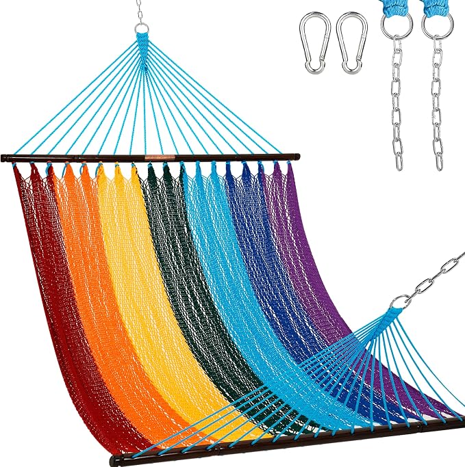 Lazy Daze Hammocks 10.5 FT Double 2 Person Caribbean Rope Hammock, Hand Woven Polyester Hammock with Spreader Bars, for Outside Outdoor Backyard Patio Poolside, 450 LBS Capacity, Rainbow by LazyDazeHammocks