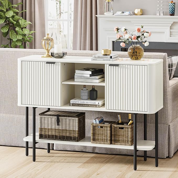 Fatmok Fluted Console Table with Storage, 47" Long Entryway Table with with 2 Door Cabinets and Open Storage Shelf, Wood Sofa Table Behind Couch for Hallway Entrance Foyer Living Room, White - Image 4