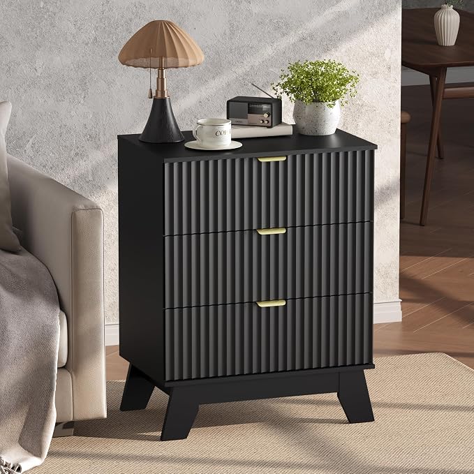 Wodeer Black Night Stand with 3 Drawers, Bedside Table & End Table, 24" Wide Mid Century Modern Fluted Wood Nightstand with Metal Handles, Farmhouse Night Stands for Bedroom - Image 4