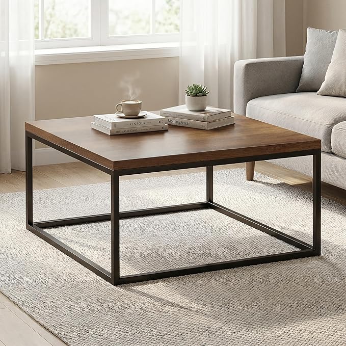 CENSI 30" Square Coffee Table, Walnut Wood Center Table for Living Room, Modern Industrial Metal Frame, Extra Thick 1.2" Top, Rustic Farmhouse Cocktail Table, Mid Century Style, Easy Assembly