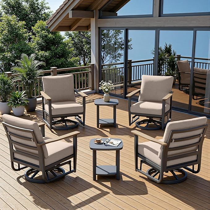 6-Piece Aluminum Patio Rocking Swivel Chair Outdoor Bistro Set, Patio Conversation Set Outdoor Patio Furniture Set with High Backrest & Thickened Cushions for Garden, Deck and Balcony, Sand