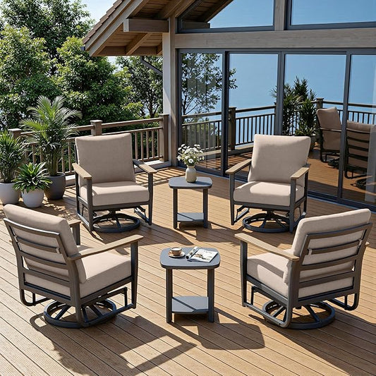 6-Piece Aluminum Patio Rocking Swivel Chair Outdoor Bistro Set, Patio Conversation Set Outdoor Patio Furniture Set with High Backrest & Thickened Cushions for Garden, Deck and Balcony, Sand