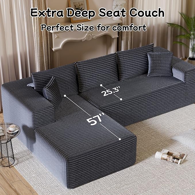 104” Sectional Cloud Couch, L-Shape Compressed Sofa with Right Chaise Lounge, Modular Cloud Couch with 2 Pillows & Deep Seat, Flannel Velvet Floor Sofa for Living Room, Dark Gray