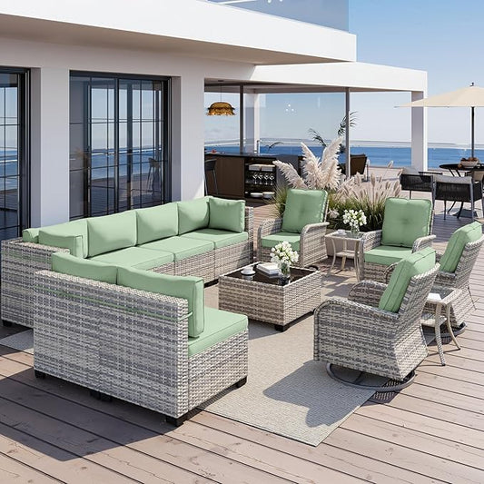 13-Piece Outdoor Patio Furniture Set with Rocking Swivel Chair, Wicker Rattan Sectional Sofa Conversation Set with Tempered Glass Table, Backyard Furniture, Light Green