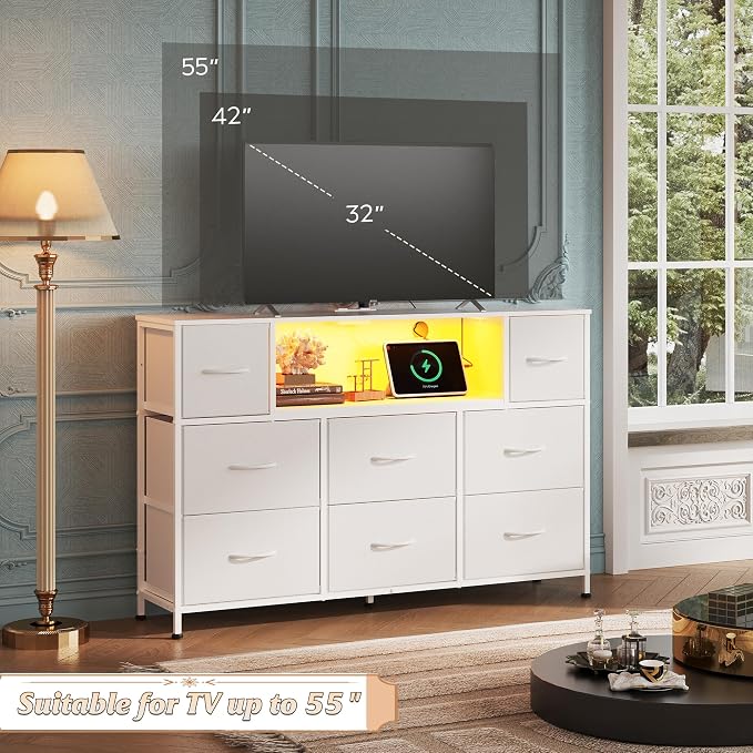 WLIVE White Dresser TV Stand for 45, 50, 55 inch TV, Entertainment Center with LED Lights & Charging Station, Chest of Drawers with 8 Fabric Drawers and Open Shelves for Living Room, Hallway, Wood Top - Image 3
