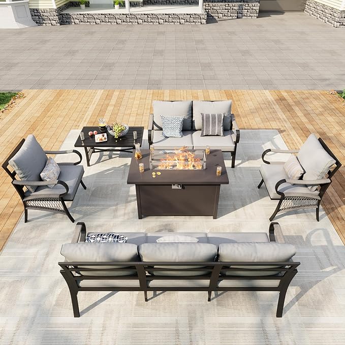 6 Pieces Patio Conversation Sets, All Weather Metal Outdoor Furniture Set 3-Seater 2 Single Chairs 1 Loveseat with Coffee Table and Fire Pit Table for Backyard Garden Deck Porch Poolside, Gray