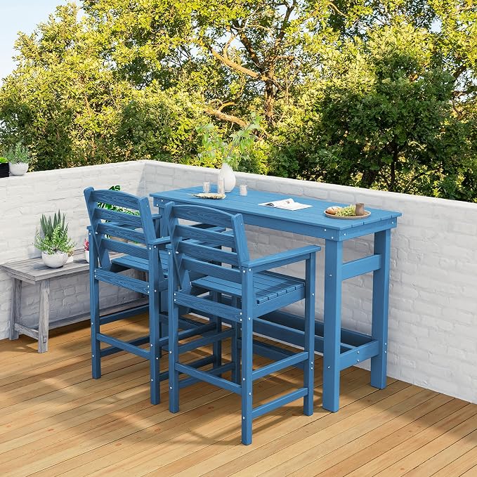 SERWALL Outdoor Bar Table and Chairs Set, Adirondack Bar Chairs Set of 2 and Bar Height Table, All Weather HDPE Patio Bar Set, Outdoor Furniture for Outside, Blue - Image 9