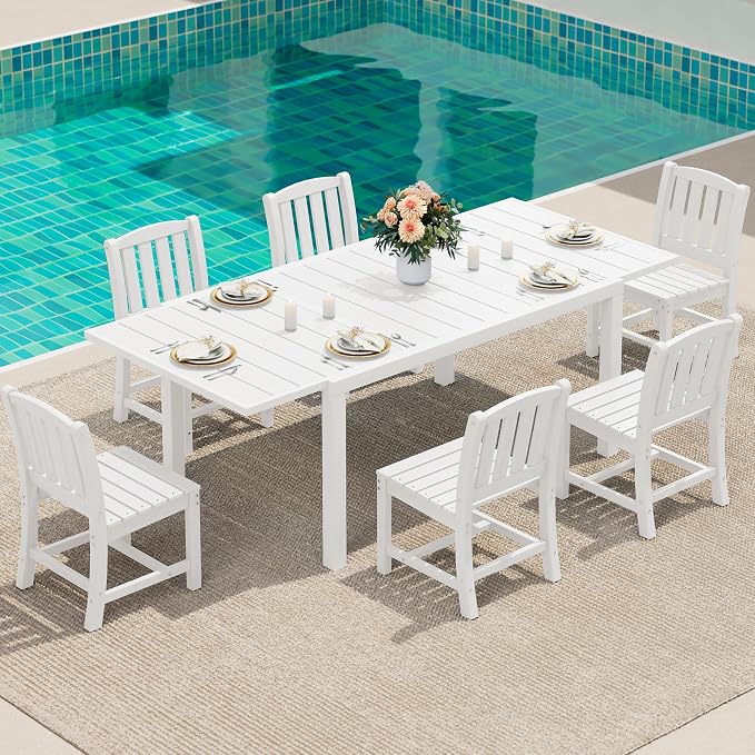SERWALL 7-Piece Outdoor Dining Set, 60" - 83" Expandable Outdoor Dining Table and 6 HDPE Chairs, All Weather HDPE Outdoor Furniture Set for Backyard, Garden, White by SERWALL