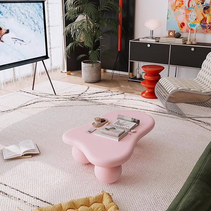 40” Cloud Coffee Table with 3 Ball Legs, Modern Irregular Center Table for Living Room, Low Cute Small MDF Tea Table for Bedroom, Space Apartment-Pink