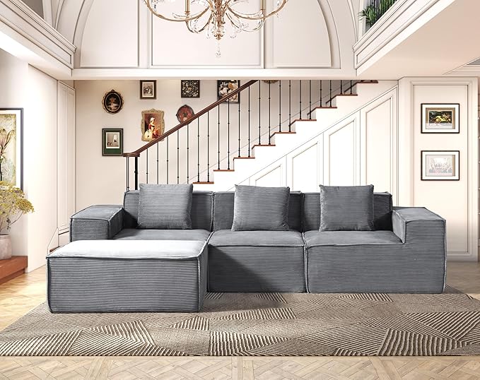 Rowan Convertible Corduroy Sectional Couch with Ottoman & Pillows, Modular L Shaped Sleeper Sofa, Boneless Cloud Couch for Living Room Furniture, Dark Grey