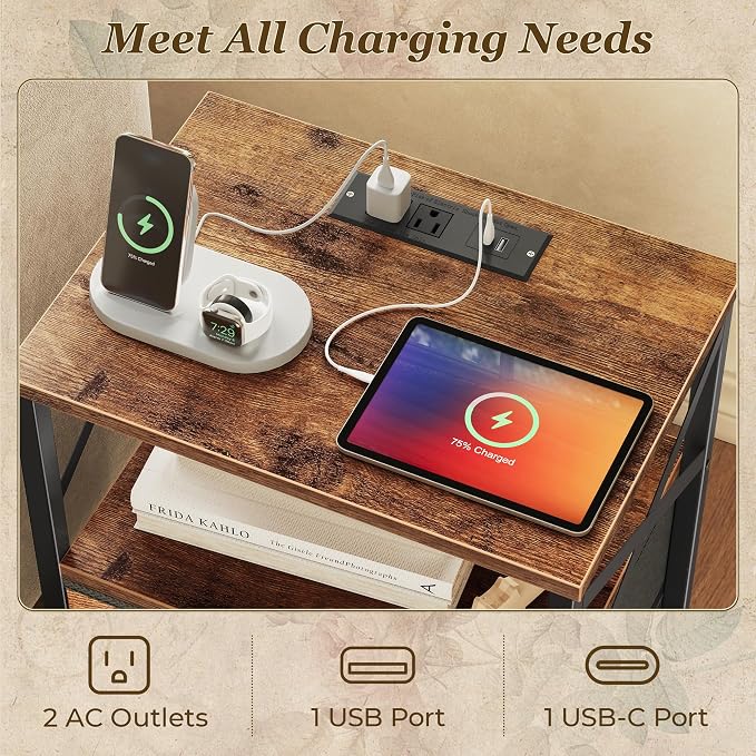 Huuger Nightstands Set of 2, Night Stand with Charger Station, 2 Drawer Side Table with Open Shelf, USB-C Port, End Table for Small Spaces, X Shaped Side Rail, Rustic Brown - Image 4