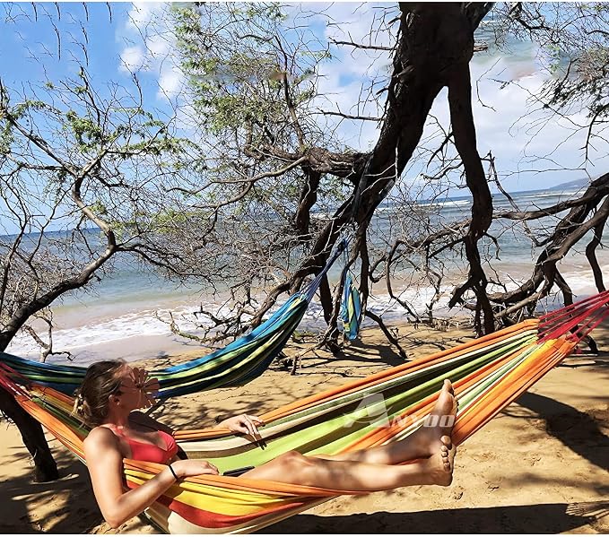 ANYOO Cotton Hammock Portable Camping Hammocks for Hanging Sturdy Garden Comfortable Fabric Hammock with Tree Straps Up to 660lbs with Travel Bag for Camping Outdoor/Indoor Patio Backyard - Image 8