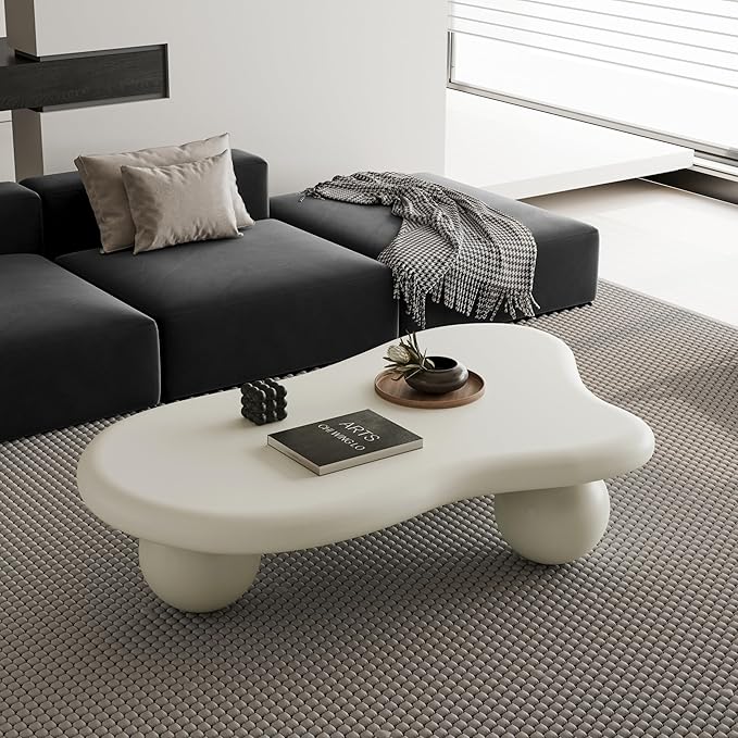 47" Cream White Coffee Table Modern Cloud Shape Low Center Table Cute Irregular Indoor Tea Table with 3 Ball Legs for Living Room Small Space Apartment