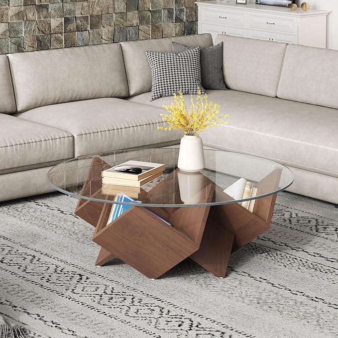 Harper & Bright Designs The Round Coffee Table with Glass Top and Geometric Abstract Art Deco Base Storage Shelves, Walnut, 35.4"