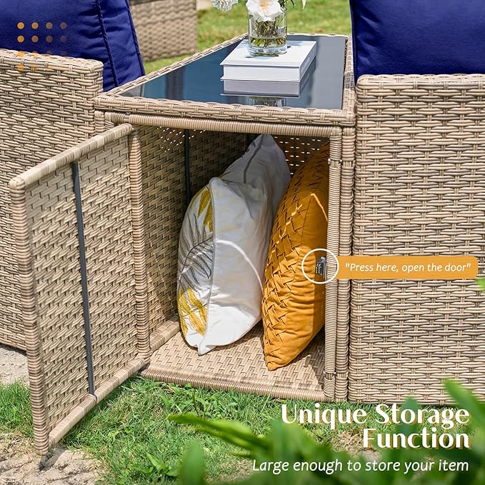 PaPaJet 6-Piece Patio Furniture Set, Half-Moon Wicker Sectional Sofa with Cushions, Waterproof Rattan Outdoor Conversation Set for Beach, Pool, Garden & Balcony, Blue