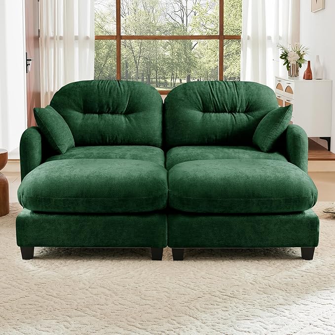 KEIKI 74" Oversized Chenille Modular Sectional Loveseat Sofa with 2 Ottoman, High-Density Foam Cushions, Tufted Pleated Cushion Backrest, Modern 2-Seater Couch with 2 Pillow, for Living Room, Green