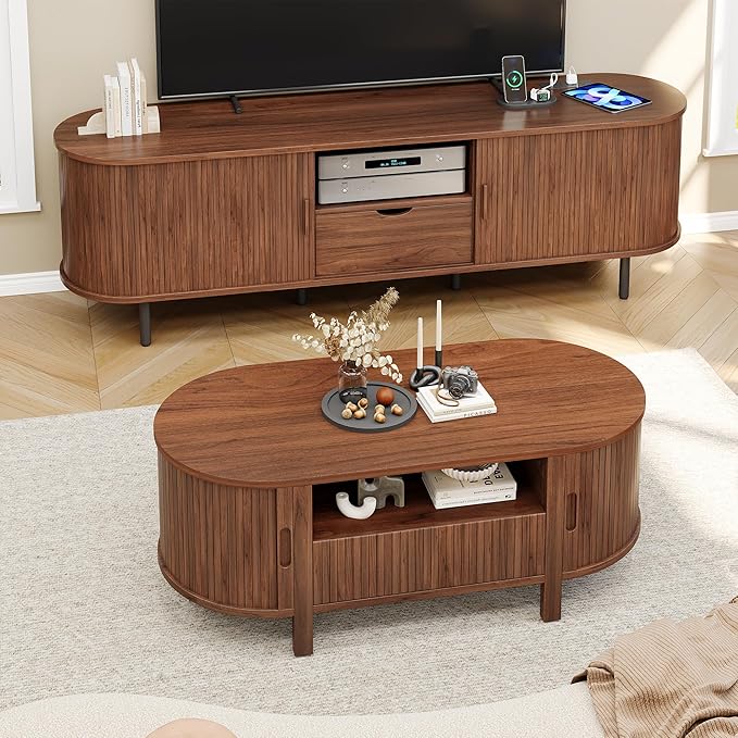 47" Oval Coffee Table, Tambour Design Coffee Tables for Living Room, Mid Century Modern Wood Coffee Table, 3-Tier Accent Center Table with Storage, Large Drawer, Walnut