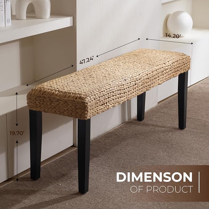 End of Bed Bench for Bedroom, 47" Entryway Bench with Solid Wood Acacia, Water Hyacinth Indoor Bench Seat, Boho Woven Bench for Living Room, Wicker Bench for Hallway or Kitchen, Wood Bench (Black Leg) - Image 2