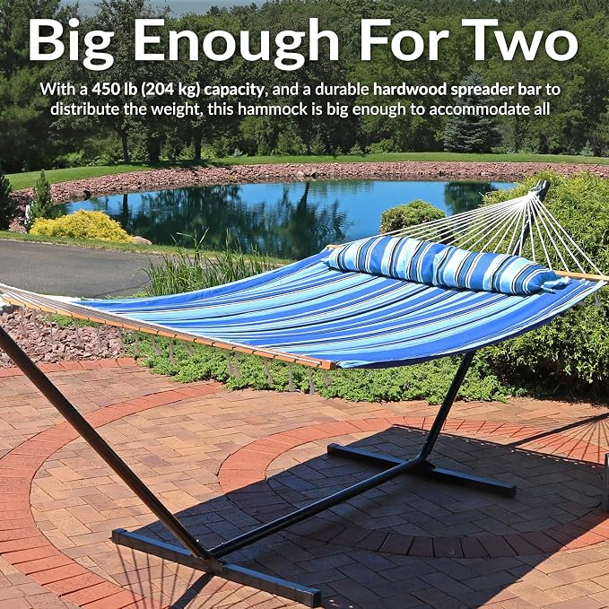 Sunnydaze Quilted Double Hammock for Outside with Spreader Bars and Pillow - 450 lb Capacity, 74x55 Inch Bed, UV Resistant, Quick Dry - Chains Included, Stand Sold Separately - Misty Beach - Image 6