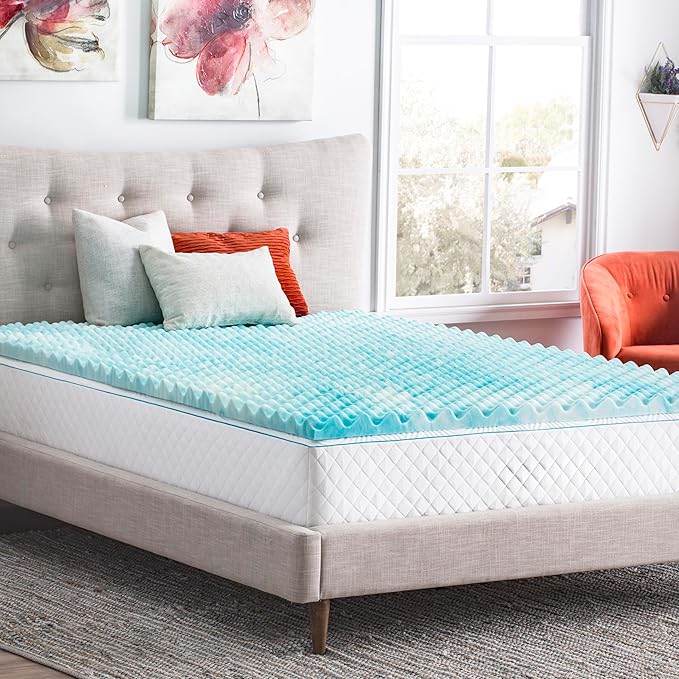 Linenspa 3 Inch Gel Memory Foam Mattress Topper – Egg Crate Style, Reversible for two feels – Promotes Airflow & Relieves Pressure Points – Queen